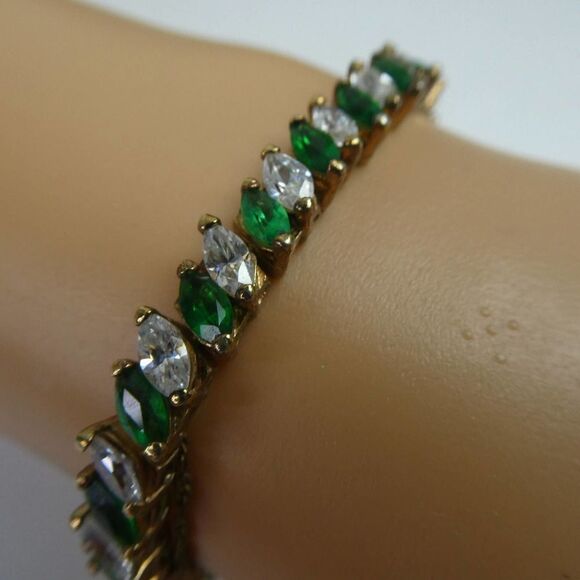 Edco Vintage Green White Rhinestone Tennis Bracelet W/ Safety Chain Gold Sparkly - Picture 4 of 8